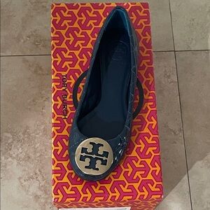 Tory Burch Navy Quilted Flats with Gold Logo
